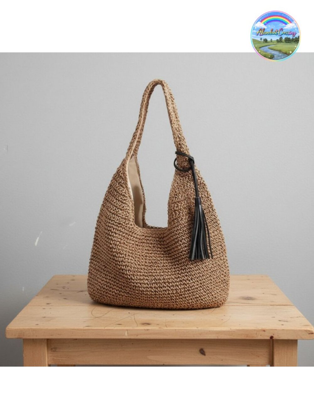 Hand-woven Soft Large Straw Shoulder Bag with Black Tassels Boho Straw Handle